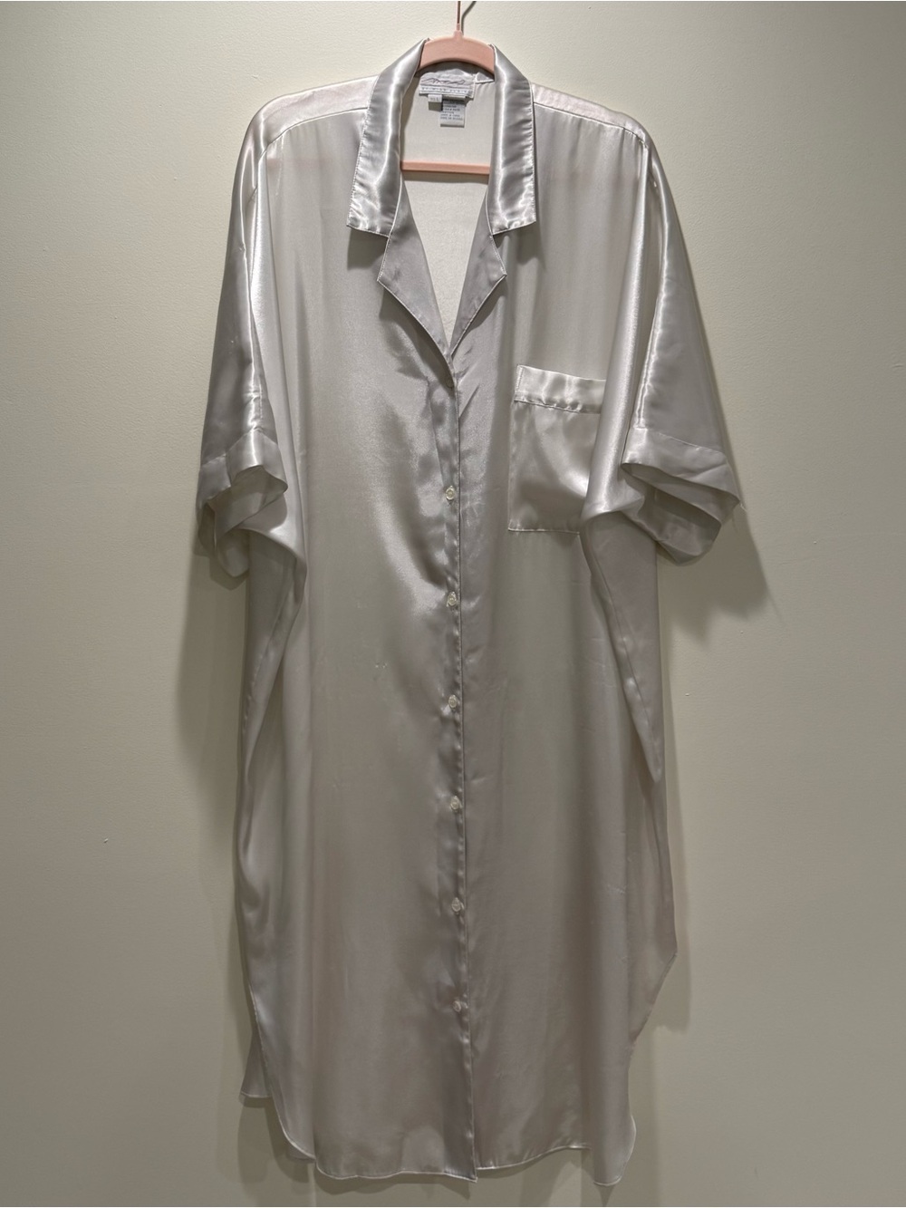 Pearl White Satin Nightshirt Button Front Sleep Shirt Size L